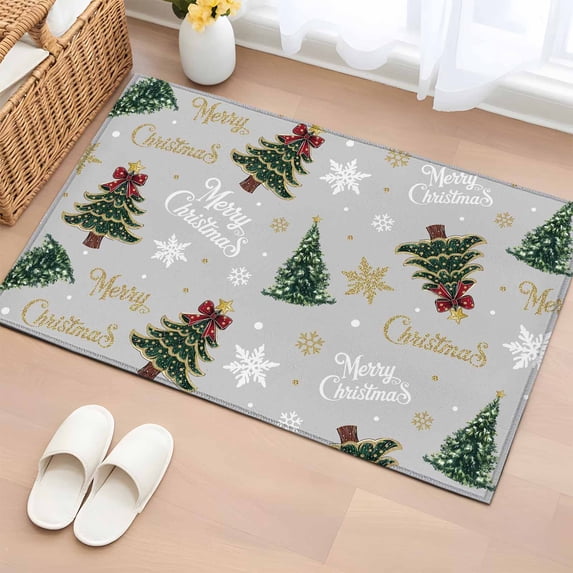 Grey Christmas Entryway Rug 2'x3' Non Slip Front Door Mats, Winter Green Pine Tree Gold Snowflake Entrance Rugs Indoor Outdoor Carpet, Washable Floor Mats Small Area Rug for Bedroom Kitchen