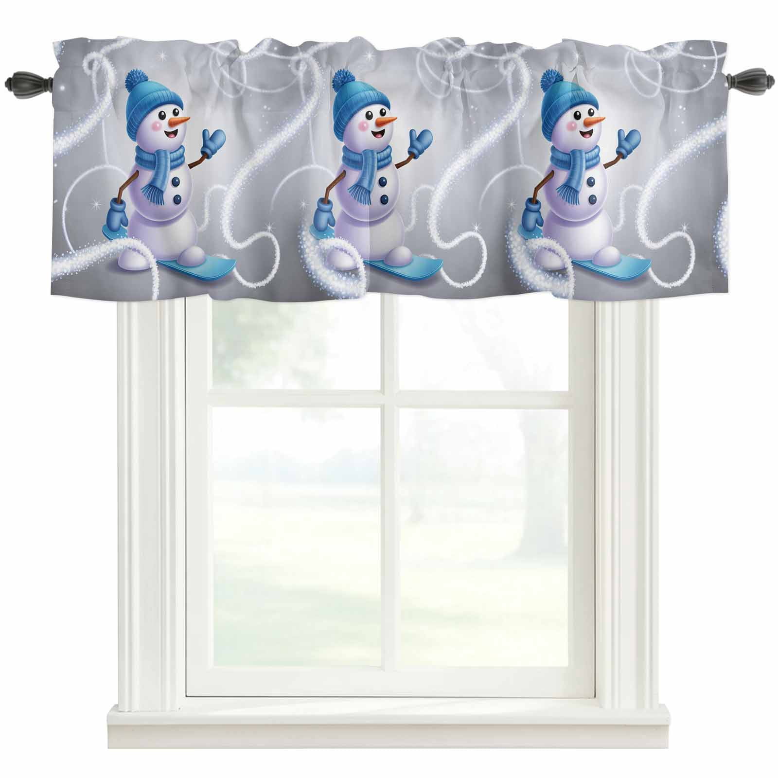 Grey Christmas Farmhouse Short Window Curtain Valances, Blue Snowman ...