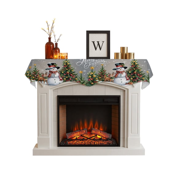 Grey Christmas Fireplace Mantel Scarf, Snowman Xmas Tree Snowflake Gifts Elk Mantel Cover Table Runner, Fireplace Top Dresser Scarves for Party Holiday Living Room Home Decoration 90x17 Inch