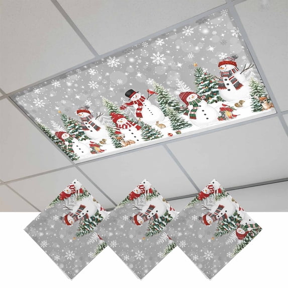 Grey Christmas Fluorescent Light Covers, Snowman Xmas Tree Snowflake Winter Magnetic Light Covers for Ceiling Lights, Fluorescent Ceiling Shade Filters for Classroom Bedroom Office 4x2Ft x 3PCS