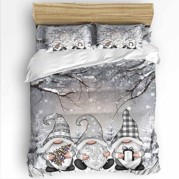 Grey Christmas Gnome Twin Size Comforter Set, Xmas Trees Branches Winter Snowflakes Soft Bedding for All Seasons, 4 Pcs Bed Set with 1 Comforter (68"x86") ,1Sheet(66"x116"), 2 Pillowcases (19"x29")