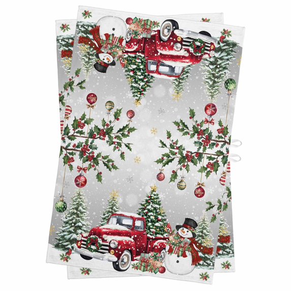 Grey Christmas Kitchen Towels Set of 2, Water Absorbent Dish Towel, Xmas Snowman Truck Snowflake Tree Balls Decorative Hand Towels - Quick Drying Cloth for Cooking Baking, 18x28 Inch