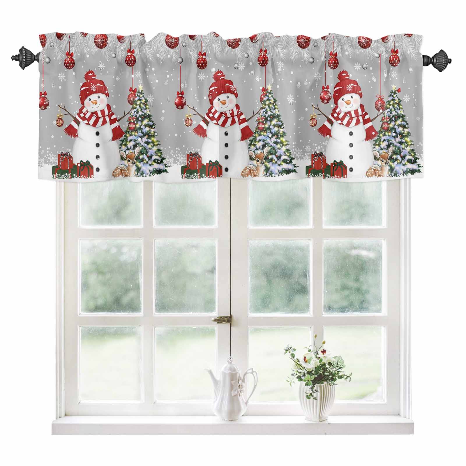 Grey Christmas Kitchen Valances for Windows 42x12 Inch Kitchen Curtains