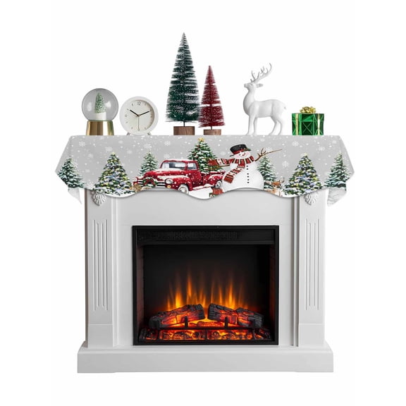 Grey Christmas Mantel Scarf Fireplace Decorations for Living Room, Snowman Xmas Truck Balls Tree Fireplace Mantel Scarf Cover Runner for Halloween/Thanksgiving/Christmas Decor 60"x17"