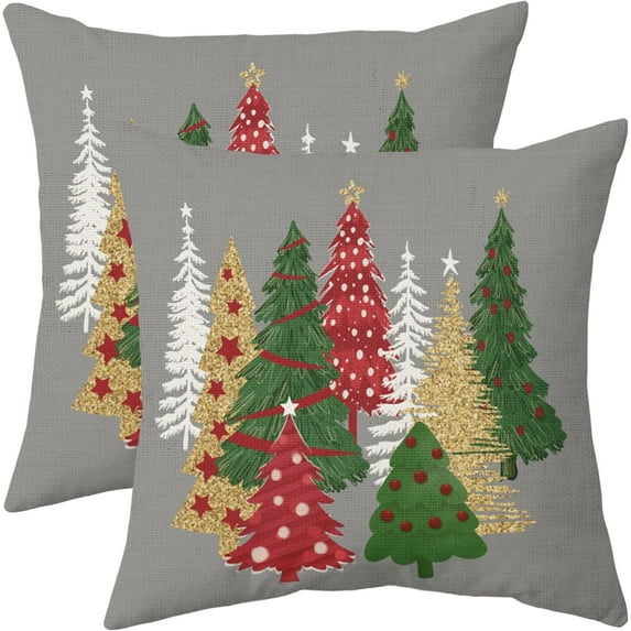 Grey Christmas Pillow Covers 18x18 Set of 2 Red Green Gold White Xmas Tree Print Decorative Throw Pillows Outdoor Farmhouse Holiday Decoration Pillowcases Cushion Case Decor for Home Sofa Couch Bed