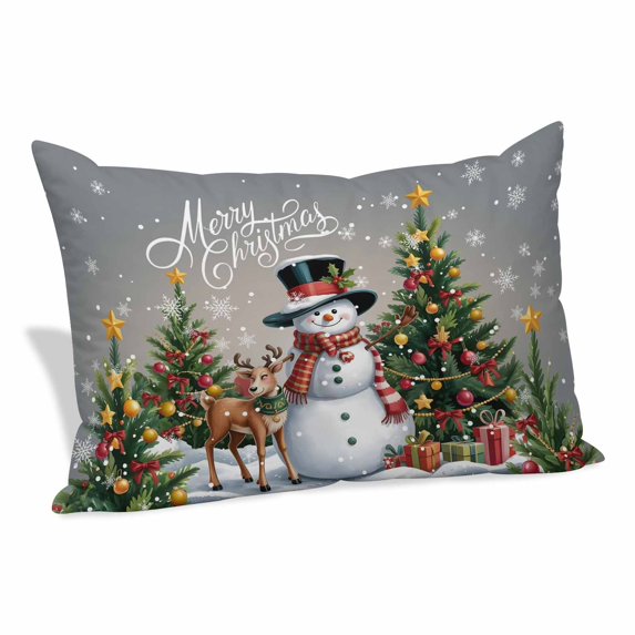 Grey Christmas Pillow Covers, Linen Long Throw Pillow Case, Snowman Xmas Tree Snowflake Gifts Elk Holiday Pillow Protector Decorative Cushion Cover for Living Room/Bedroom 16" x 24"
