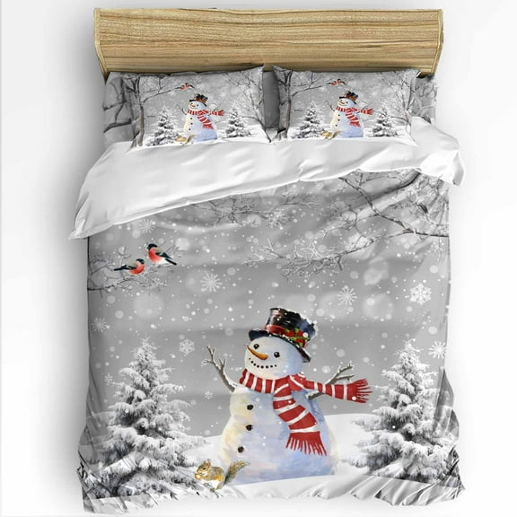 Grey Christmas Queen Size Comforter Set, Snowman Snowflake Xmas Tree Bird Winter Soft Bedding for All Seasons, 4 Pcs Bed Set with 1Comforter (90"x92") ,1 Sheet(94"x116"), 2 Pillowcases (19"x29")