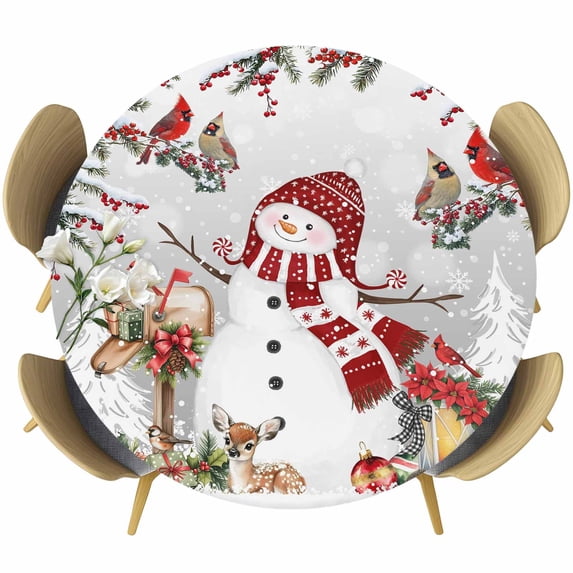 Grey Christmas Round Tablecloth, Fitted Table Cover with Elastic for 55"-60" Round Tables, Red Snowman Xmas Tree Snowflake Winter Table Cloth Outdoor Indoor Dinning Party Waterproof Tablecloths