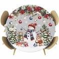 thumbnail image 1 of Grey Christmas Round Tablecloth, Fitted Table Cover with Elastic for 55"-60" Round Tables, Snowman Xmas Tree Poinsettia Balls Squirrel Table Cloth Outdoor Indoor Dinning Party Waterproof Tablecloths, 1 of 7