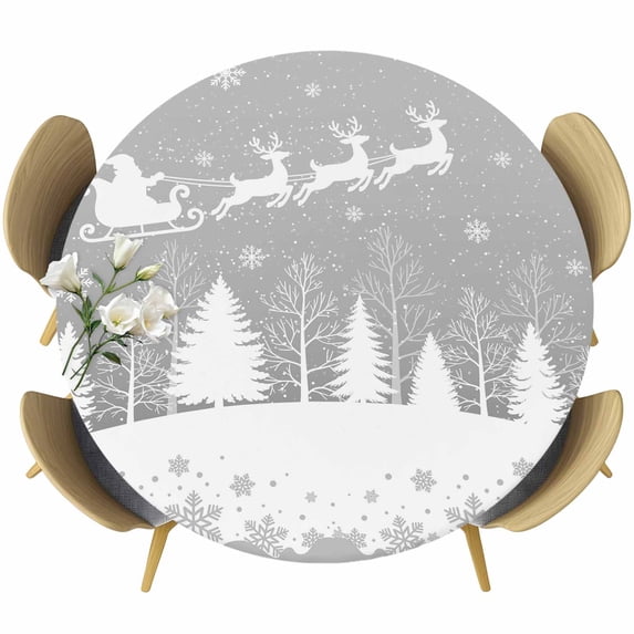 Grey Christmas Round Tablecloth, Fitted Table Cover with Elastic for 55"-60" Round Tables, Xmas Elk Tree Snowflake Forest Table Cloth Outdoor Indoor Dinning Party Waterproof Tablecloths
