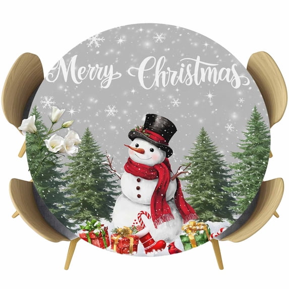 Grey Christmas Round Tablecloth, Fitted Table Cover with Elastic for 55"-60" Round Tables, Xmas Tree Snowflake Winter Gifts Table Cloth Outdoor Indoor Dinning Party Waterproof Tablecloths