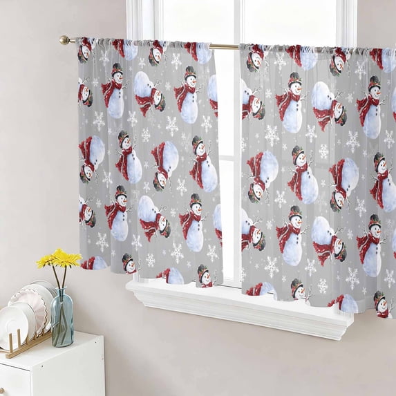 Grey Christmas Sheer Curtains 45 Inch Length 2 Panels Set, Red Snowman Snowflake Winter Voile Window Treatment Rod Pocket Small Kitchen Curtains Drapes for Bedroom 52"x45"x2