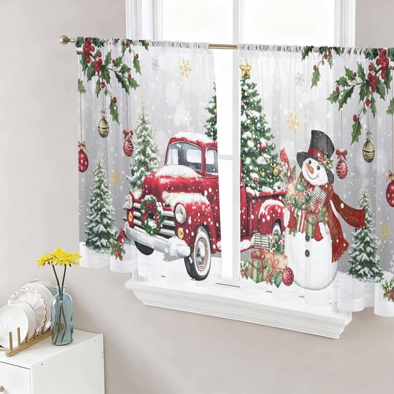 Grey Christmas Sheer Curtains 54 Inch Length 2 Panels Set Window Treatments, Xmas Snowman Truck Snowflake Tree Balls Rod Pocket Semi Curtains for Living Room/Bedroom/Kitchen Décor, 104"W x 54"L