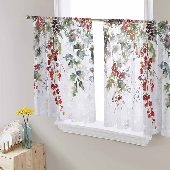 Grey Christmas Sheer Curtains 54 Inches Length 2 Panels Set, Window Sheer Curtains for Living Room/Bedroom, Xmas Tree Botanical Red Berry Pinecone Light Filtering Rod Pocket Curtain 52'' x 54'' x 2