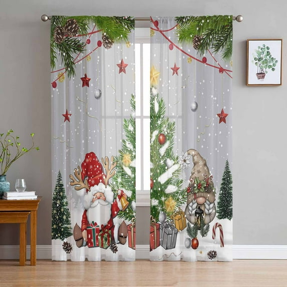 Grey Christmas Sheer Curtains 72 Inches Long, Gnomes Xmas Tree Snowflake Winter Gifts Light Filtering Window Curtains for Living Room, Rod Pocket Voile Sheer Curtain Drapes, 52"Wx72"L, 2 Panels