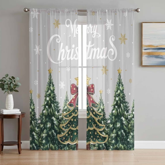 Grey Christmas Sheer Curtains 84 Inch Length 2 Panels Set Window Treatments, Snowflake Xmas Christmas Tree Rod Pocket Semi Curtains for Living Room/Bedroom/Kitchen Décor, 104"W x 84"L