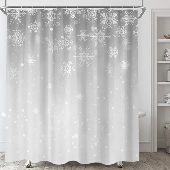 Grey Christmas Shower Curtain, Winter White Gray Silver Snowflake Fabric Shower Curtains Set for Bathroom Sparkly Xmas Snow Decoration with Hooks 72 X 84 inch Bath Decor
