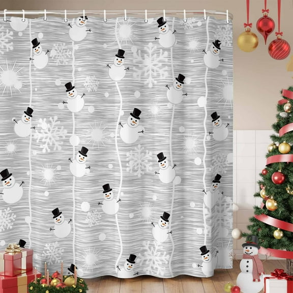 Grey Christmas Shower Curtain, Xmas Snowflake Snowman Waterproof Fabric Shower Curtains with 12 Hooks, Bathroom Curtain Set for Bathroom Accessories Decor, 36 x 78 Inches