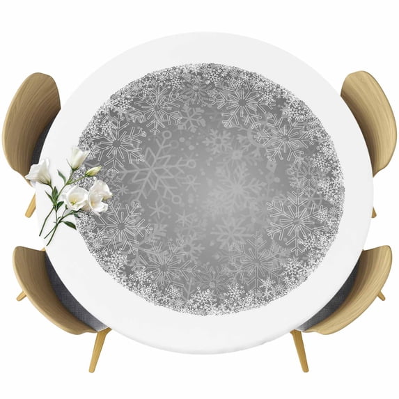 Grey Christmas Snowflake Round Tablecloth, Fitted Table Cover with Elastic for 36"-44" Round Tables, Xmas Winter Modern Textured Table Cloth Outdoor Indoor Dinning Party Waterproof Tablecloths