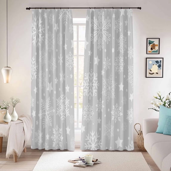 Grey Christmas Snowflakes Blackout Curtains for Bedroom/Living Room, Pinch Pleated Black Out Curtains, Xmas Winter Modern Room Darkening Window Drapes with Hooks 2 Panels, 59"x70"