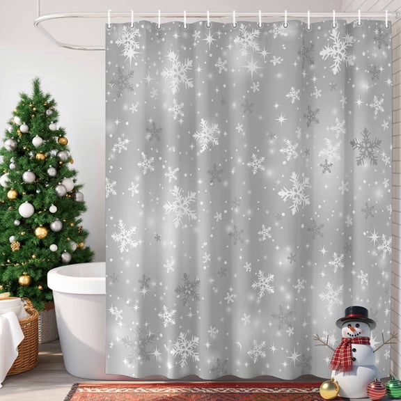 Grey Christmas Snowflakes Shower Curtain, 72" x 72", Winter Snowfall Shiny White Modern Waterproof Bathroom Curtain Washable Shower Curtain Set with 12 Hooks