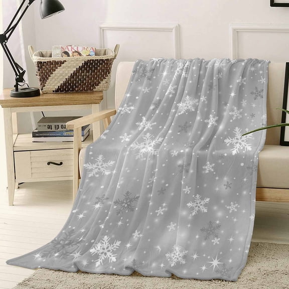 Grey Christmas Snowflakes Throw Flannel Blanket 50x60In Winter Snowfall Shiny White Modern Super Soft Cozy Bed Blanket, Lightweight Plush Fuzzy Bed Throw for Bedroom Sofa Couch Living Room