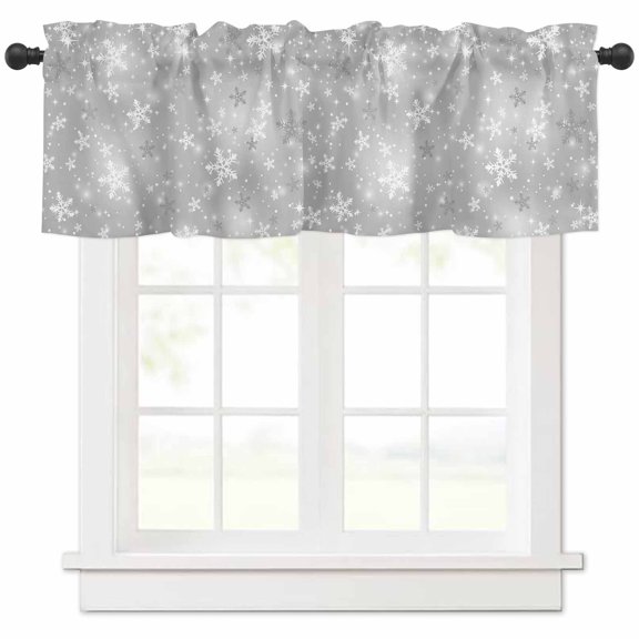 Grey Christmas Snowflakes Valances for Windows, Winter Snowfall Shiny White Modern Light Filtering Window Treatment Valances, Rod Pocket Small Curtains for Kitchen/Bathroom, 42"x18"
