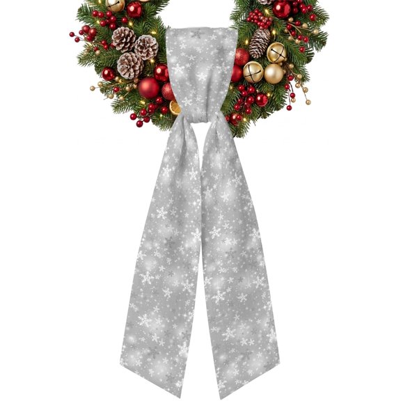 Grey Christmas Snowflakes Wreath Sash for Front Door, Winter Snowfall Shiny White Modern Satin Wreath Ribbon Bow Accessory Garland Home Decor for Doorway Porch Yard 4.5x56
