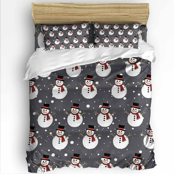 Grey Christmas Snowman Queen Size Comforter Set, Cute Winter Snowman Snowflakes Xmas Soft Bedding for All Seasons, 4 Pcs Bed Set with 1Comforter (90"x92") ,1 Sheet(94"x116"), 2 Pillowcases (19"x29")
