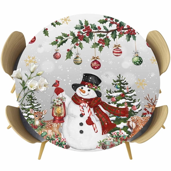 Grey Christmas Snowman Round Tablecloth, Fitted Table Cover with Elastic for 55"-60" Round Tables, Xmas Snowflake Elk Tree Balls Table Cloth Outdoor Indoor Dinning Party Waterproof Tablecloths