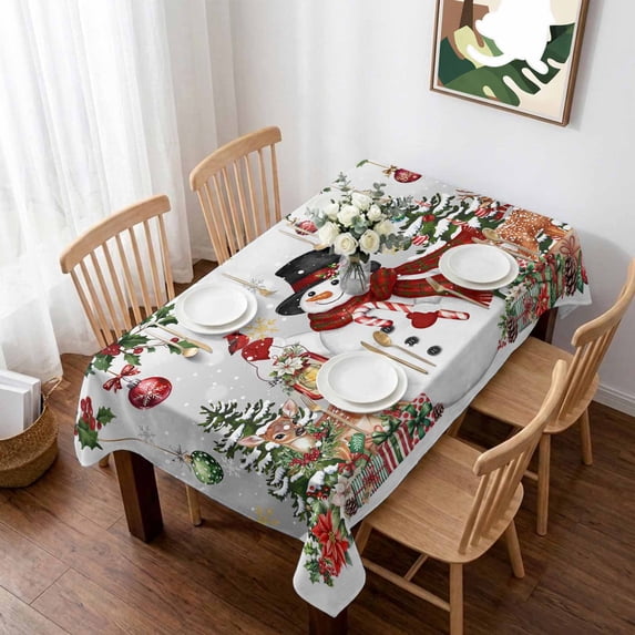 Grey Christmas Snowman Table Cloth Waterproof Tablecloths, Xmas Snowflake Elk Tree Balls Tablecloth Dining Table Cover for Kitchen Party Tabletop Outdoor, Rectangle Tablecloth 60x84 Inch