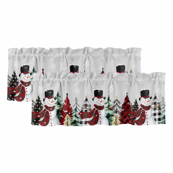 Grey Christmas Snowman Valances for Windows, Decorative Rod Pocket Window Valance Curtains, Xmas Trees Winter Snowflake Gray Short Curtain Drapes for Kitchen/Living Room, 2 Panels, 42" W x 12" L