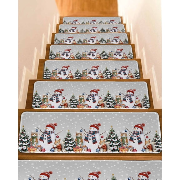 Grey Christmas Stair Treads for Wooden Steps Indoor Runner Rug Carpet, Winter Snowman Cat Squirrel Xmas Tree 4 Pieces Peel and Stick Staircase Step Treads Covers Washable Throw Door Mats, 30"x8"