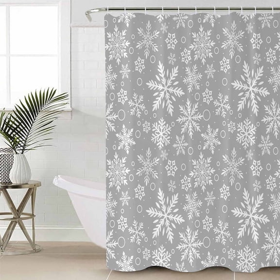 Grey Christmas Standard Shower Curtain Set, Waterproof Shower Curtains for Bathroom, Xmas Snowflake White Washable Fabric Cloth Bath Curtain for Bathtub Decoration with Hooks 72x72 Inches
