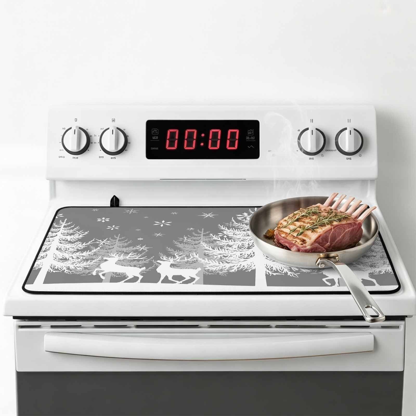 Grey Christmas Stove Top Cover for Electric Stove, Heat-proof & Non Slip Glass Top Stove Cover Protector, Xmas Tree Snowflake Elk Kitchen Flat Cooktop Rubber Mat 24x21 Inches