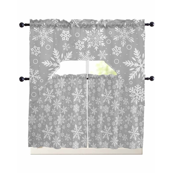 Grey Christmas Swag Kitchen Curtains Sets for Windows 24 Inch Length, Xmas Snowflake White Short Window Curtain Panels Swags Valances and Tiers 3 Piece Set for Cafe/Dining Room