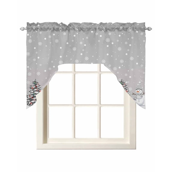 Grey Christmas Swag Valances for Windows, Small Curtains Drapes, Retro Winter Snowman Xmas Tree Snowflakes Kitchen Window Curtains Over Sink Window Treatment Valance for Bedroom/Bathroom 56"x36"