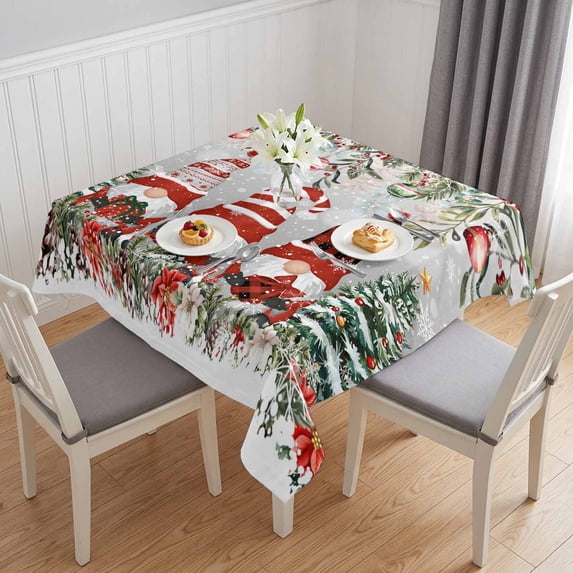 Grey Christmas Table Cloth Waterproof Tablecloths, Gnomes Xmas Tree Poinsettia Eucalyptus Tablecloth Dining Table Cover for Kitchen Party Tabletop Outdoor, Square Tablecloth 54x54 Inch