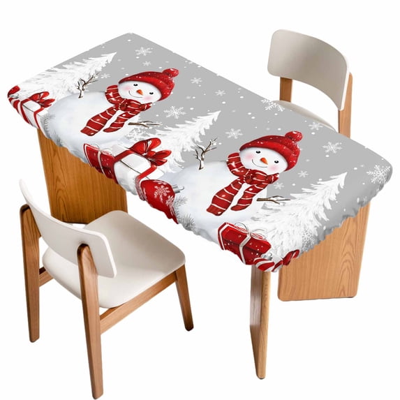 Grey Christmas Table Cloths for 3 Foot Rectangle Tables, Snowman Gifts Xmas Tree Winter Snowflake Patio Waterproof Elastic Fitted Tablecloths, Washable Rectangular Table Cover for Camping