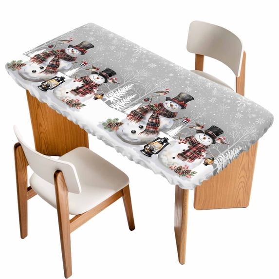 Grey Christmas Table Cloths for 3 Foot Rectangle Tables, Snowman Snowflake Winter Birds Patio Waterproof Elastic Fitted Tablecloths, Washable Rectangular Table Cover for Camping