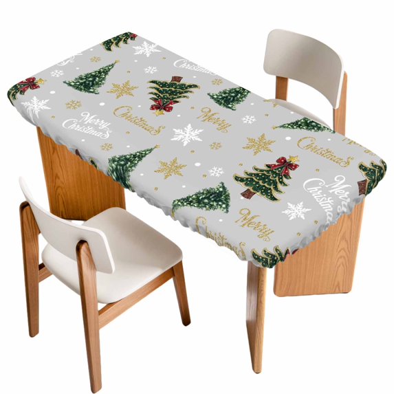 Grey Christmas Table Cloths for 3 Foot Rectangle Tables, Winter Green Pine Tree Gold Snowflake Patio Waterproof Elastic Fitted Tablecloths, Washable Rectangular Table Cover for Camping