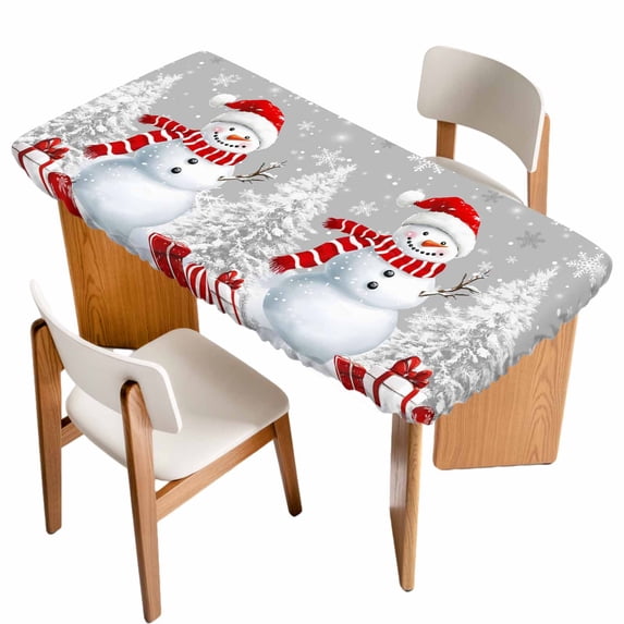 Grey Christmas Table Cloths for 4 Foot Rectangle Tables, Snowman Snowflake Gifts Xmas Tree Patio Waterproof Elastic Fitted Tablecloths, Washable Rectangular Table Cover for Camping