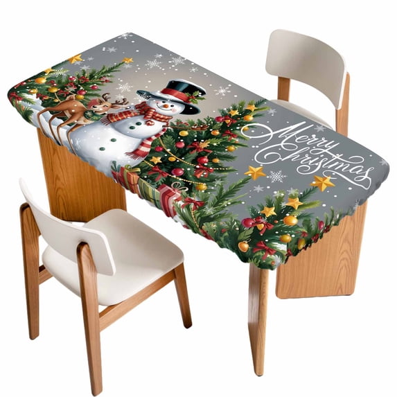 Grey Christmas Table Cloths for 4 Foot Rectangle Tables, Snowman Xmas Tree Snowflake Gifts Elk Patio Waterproof Elastic Fitted Tablecloths, Washable Rectangular Table Cover for Camping