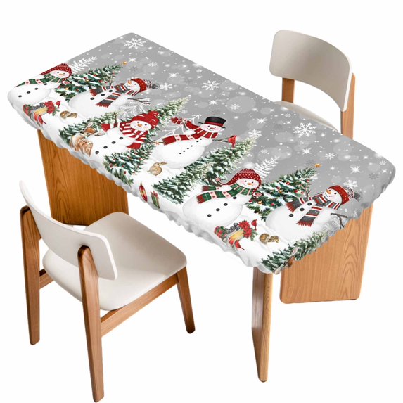Grey Christmas Table Cloths for 4 Foot Rectangle Tables, Snowman Xmas Tree Snowflake Winter Patio Waterproof Elastic Fitted Tablecloths, Washable Rectangular Table Cover for Camping