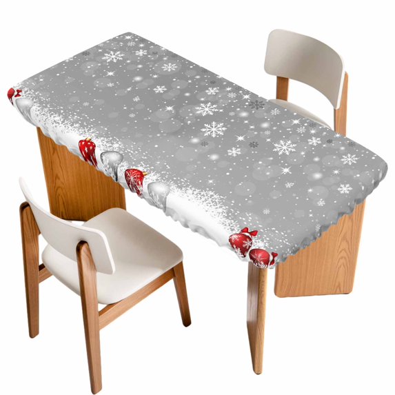 Grey Christmas Table Cloths for 4 Foot Rectangle Tables, Xmas Snowflake Ball Winter Snowflake Patio Waterproof Elastic Fitted Tablecloths, Washable Rectangular Table Cover for Camping
