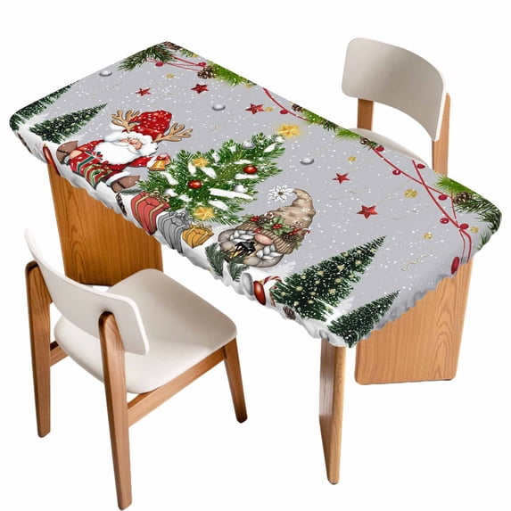 Grey Christmas Table Cloths for 5 Foot Rectangle Tables, Gnomes Xmas Tree Snowflake Winter Gifts Patio Waterproof Elastic Fitted Tablecloths, Washable Rectangular Table Cover for Camping