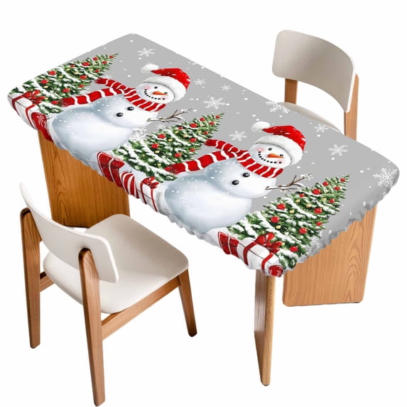 Grey Christmas Table Cloths for 6 Foot Rectangle Tables, Snowman Snowflake Xmas Tree Gifts Patio Waterproof Elastic Fitted Tablecloths, Washable Rectangular Table Cover for Camping