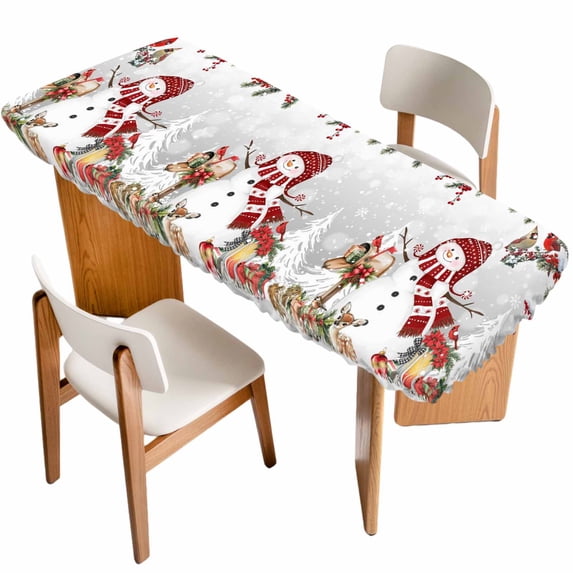Grey Christmas Table Cloths for 8 Foot Rectangle Tables, Red Snowman Xmas Tree Snowflake Winter Patio Waterproof Elastic Fitted Tablecloths, Washable Rectangular Table Cover for Camping