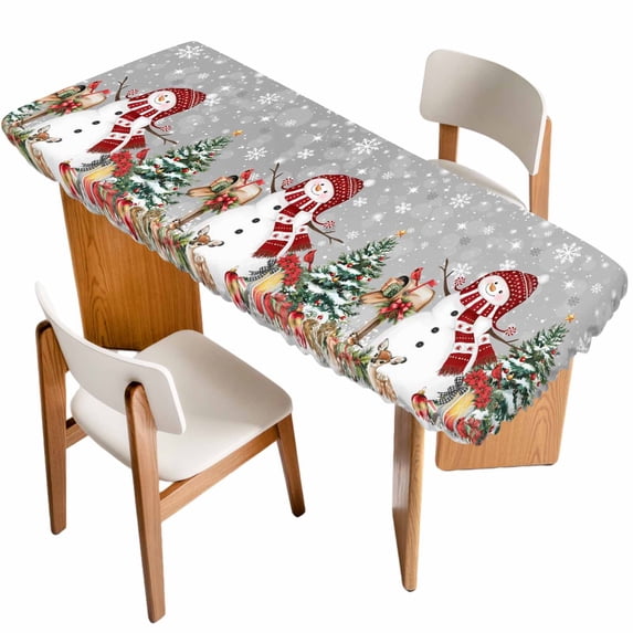 Grey Christmas Table Cloths for 8 Foot Rectangle Tables, Snowman Gifts Xmas Tree Snowflake Winter Patio Waterproof Elastic Fitted Tablecloths, Washable Rectangular Table Cover for Camping