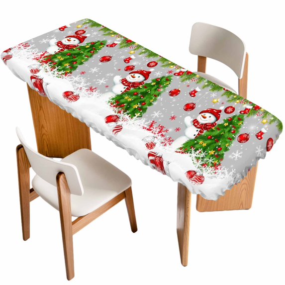 Grey Christmas Table Cloths for 8 Foot Rectangle Tables, Snowman Xmas Tree Ball Snowflake Patio Waterproof Elastic Fitted Tablecloths, Washable Rectangular Table Cover for Camping